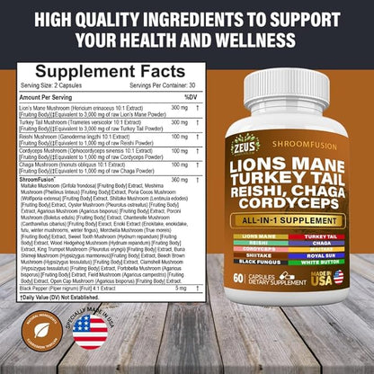 Lions Mane 300mg Turkey Tail 2000mg Cordyceps Chaga 1000mg Reishi 1000mg Maitake Meshima Poria Cocos Shiitake Oyster Porcini Enoki Mushroom Supplement (60Ct)