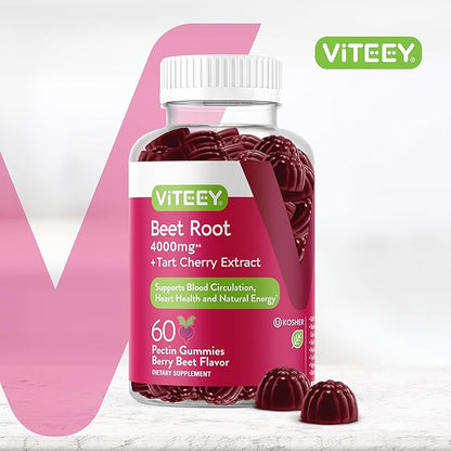 Viteey Beet Root Gummies 4000mg with Tart Cherry - for Healthy Blood Pressure Support - Vegan, Gelatin Free, Gluten Free - Tasty Chewable Berry Beet Flavored Gummy
