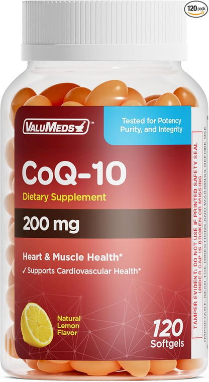 ValuMeds CoQ-10 Non-GMO Coenzyme Q10 Supplement, 120 Softgels | for Heart Health and Energy Support | Gluten Free for High Blood Pressure (120 Count (Pack of 1), 200 mg)