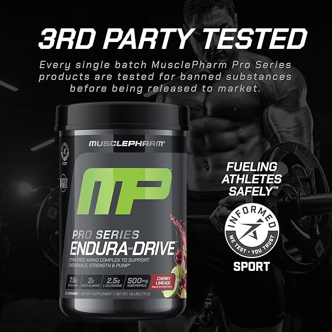 Muscle Pharm Pro Series Endura-Drive Pro-Grade Amino Acids Complex with Nootropics | Stim Free Intra Workout & Pre Workout Powder for Endurance & Recovery | Cherry Limeade, 1.6 lbs. 30 Servings