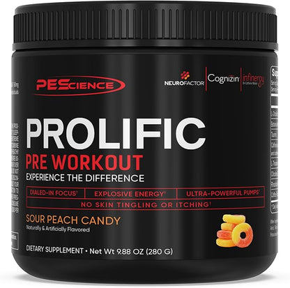 PEScience Prolific Energy Pre Workout – L Citrulline for Nitric Oxide, Rhodiola & CDP Choline Nootropic for Focus – Preworkout for Men & Women – 40 Scoops, Sour Peach Candy