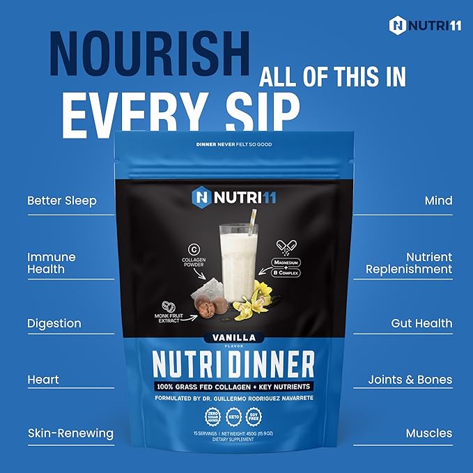 NutriDinner by Nutrillermo | Grass-Fed Collagen Protein Powder | Collagen with Magnesium B-Vitamins | Collagen Supplement for Sleep and Recovery (14,9, Vanilla)