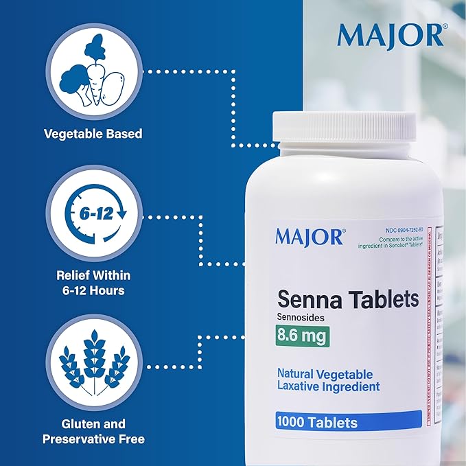 Major Senna 8.6 mg Natural Vegetable Laxative Tablets - Made With Sennosides - 1000-Count - (4 Pack)