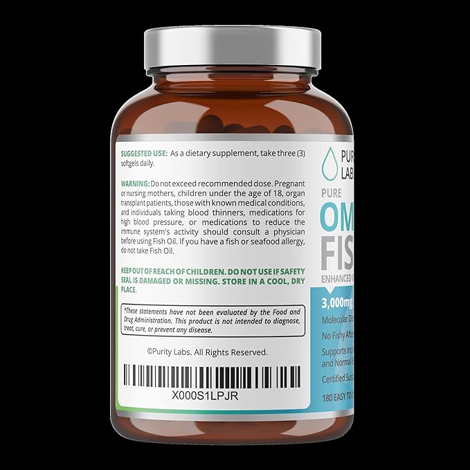 Purity Labs Omega 3 Fish Oil 3000mg – DHA & EPA Omega 3 Fatty Acid Supplements to Support Heart and Brain Health - Immune Support Supplement - 180 Softgels (60 Servings)