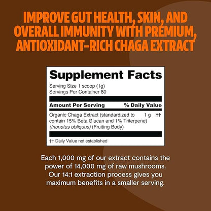FreshCap Chaga Mushrooms Powder 14,000mg - Chaga Mushroom Extract for Immune and Antioxidants Support, Ayurveda Nootropic Supplement (60 Servings)