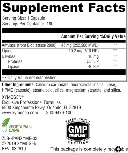 XYMOGEN PanXyme pH - Digestive Enzymes for Gut Health - Amylase, Lipase, and Protease Enzyme Supplement - Gut Health Supplements for Digestion Support - Gluten Free + Vegan (180 Capsules)
