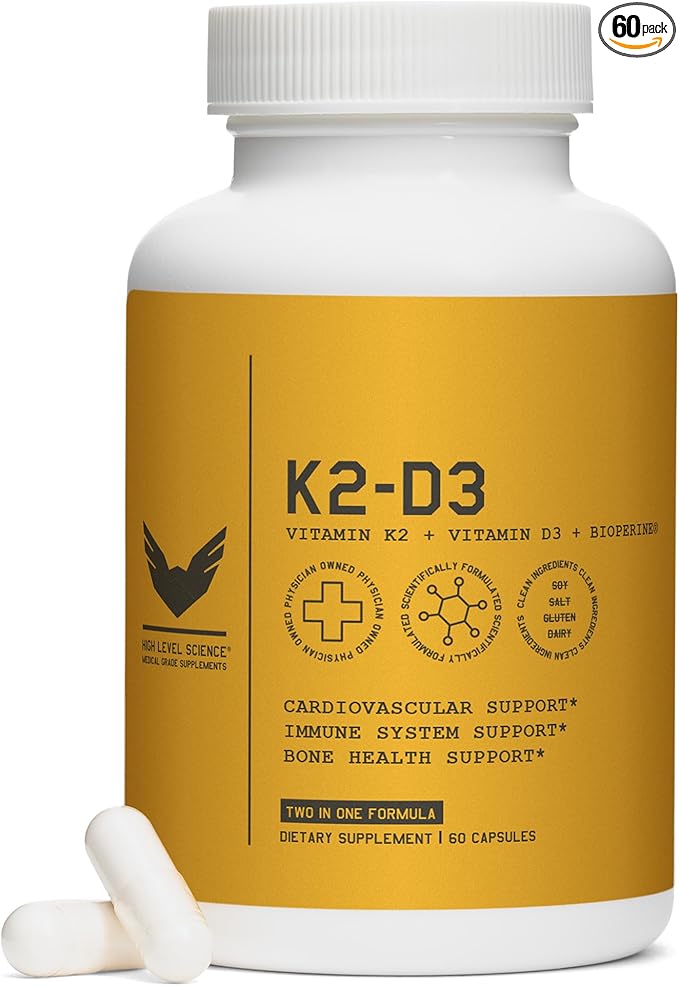 High Level K2-D3, Vitamin K2 Supplement, Dual Action Support Complex with Bioperine (Black Pepper) & 5000IU D3 Cholecalciferol, Support for Heart, Bone & Health Defense, 100MCG, 60 Veggie Capsules