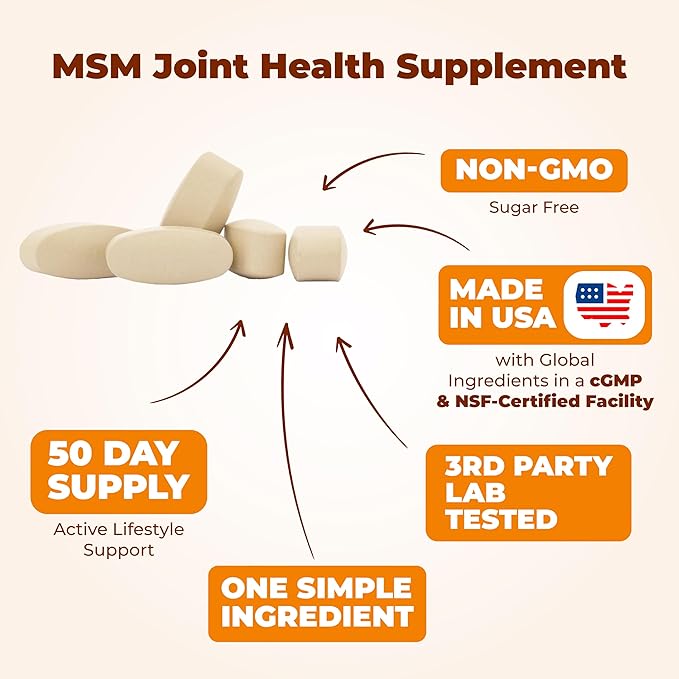 MSM 2000mg - Joint Support Supplement for Cartilage & Joint Health. Antioxidant Properties. Aids Inflammatory Response. Occasional Discomfort Relief - Back, Knees, Hands. Non-GMO. Vegan. 50 Day Supply