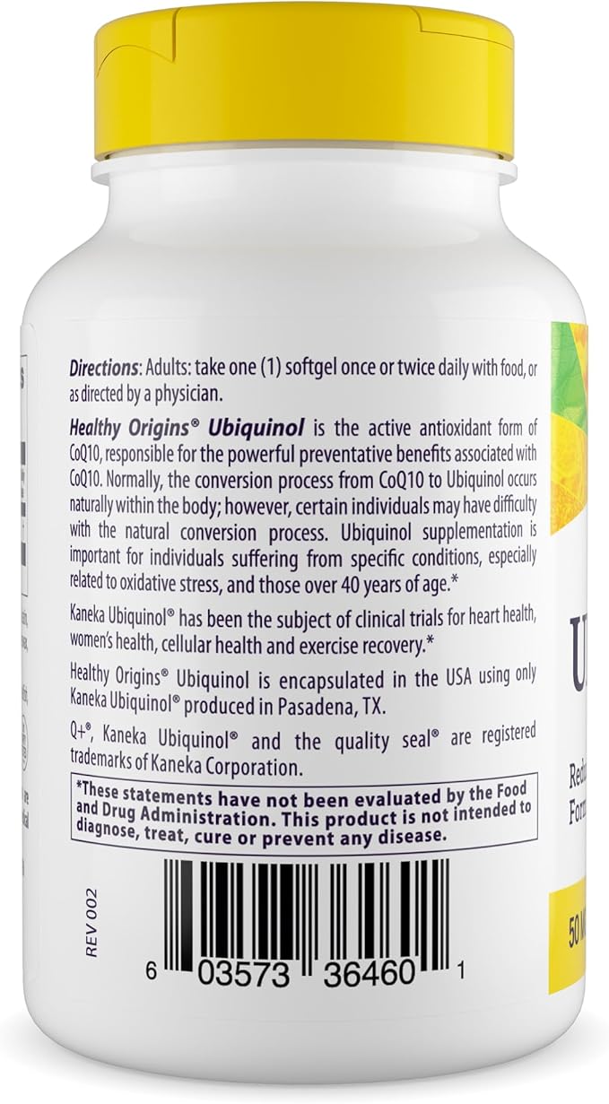 Healthy Origins Ubiquinol (Active Form of CoQ10), 50 mg - Kaneka Ubiquinol Supplements for Heart Health & Antioxidant Support - Gluten-Free & Non-GMO Supplement - 60 Softgels