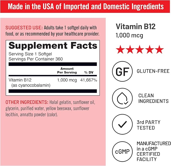 NatureWise Vitamin B12 1000 mcg - Dietary Supplement for Supporting Energy Metabolism, Mental Clarity, Nervous System Health - Easy-to-Swallow, Soy & Gluten-Free, Non-GMO - 360 Count[1-Year Supply]
