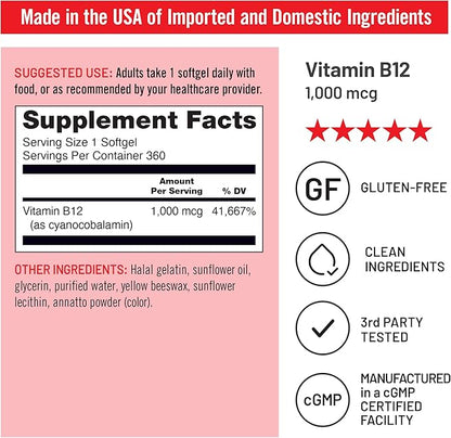 NatureWise Vitamin B12 1000 mcg - Dietary Supplement for Supporting Energy Metabolism, Mental Clarity, Nervous System Health - Easy-to-Swallow, Soy & Gluten-Free, Non-GMO - 360 Count[1-Year Supply]
