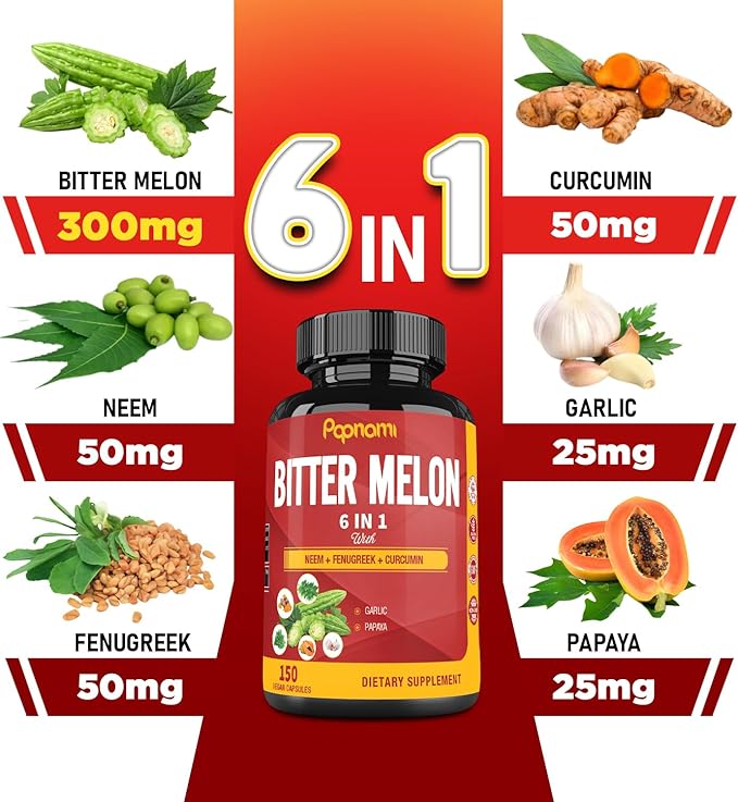 Organic Bitter Melon Extract Capsules - Combined Neem, Fenugreek, Curcumin, Garlic & Papaya - 150 Count for 5 Months - Supports Body, Digestive, Skin, Immune & Overall Wellness