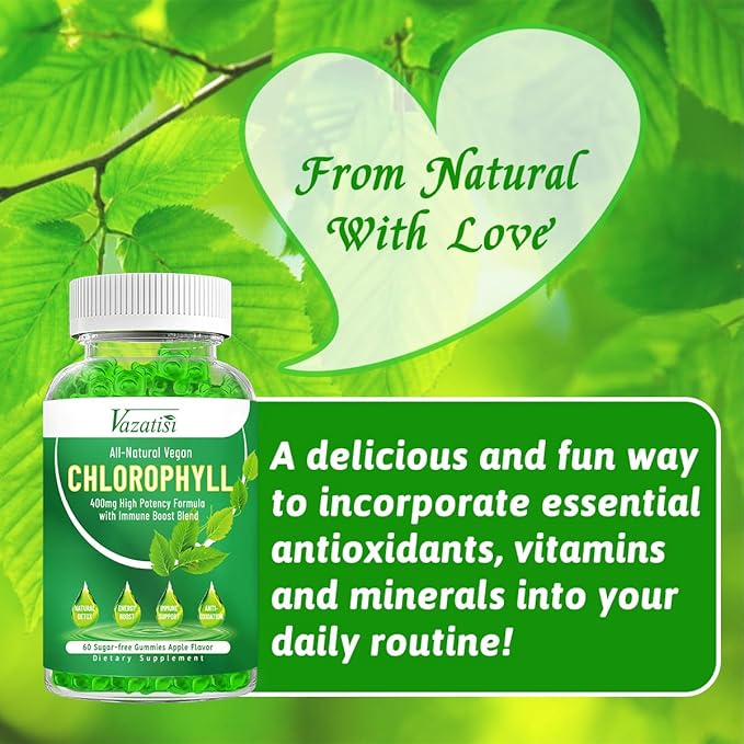 2 Pack Chlorophyll Gummies with Ashwagandha Vitamin C Zinc for Body Odor Skin Energy Immune Support Deodorant, Apple Flavor 120 Cts