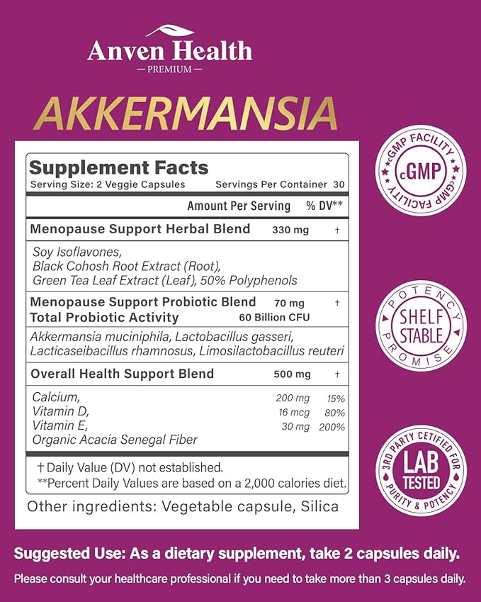 Akkermansia Probiotics for Women in Menopause – 60 Billion CFU for Gut, Metabolism & Hormonal Balance – Non-GMO, Vegan, with Herbal Support, Calcium, Prebiotics & Vitamins | 180 Capsules