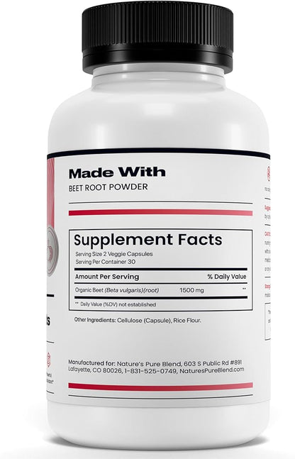 Nature's Pure Blend Organic Beet Root Powder Capsules – Beet Root Capsules & Beets Supplements for Circulation – L Arginine – Nitric Oxide Supplements – 1500MG