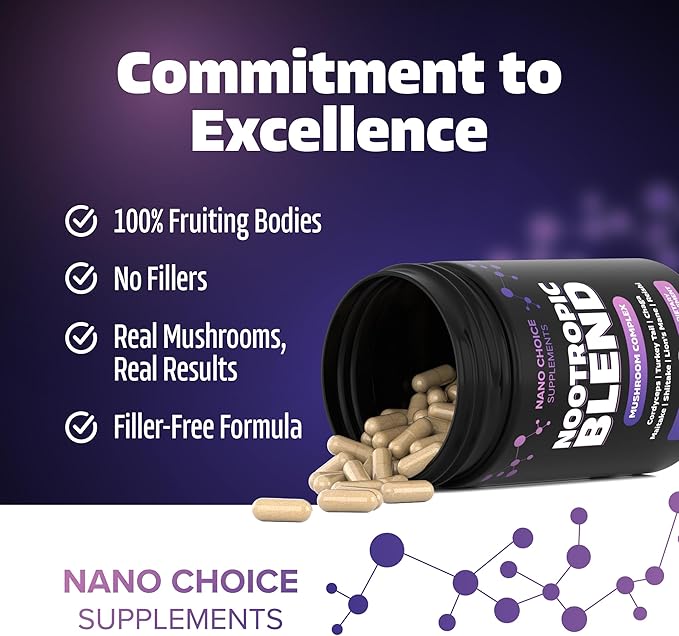Nano Choice Nootropic Blend - Mushroom Complex Supplement for Brain, Focus, Productivity & Immune Support | Non-GMO, Vegan, Made in USA | 120 Capsules