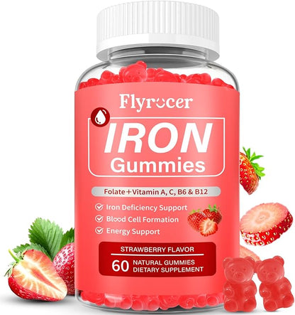 Iron Gummies for Men and Women, Energize, Combat Fatigue, Support Anemia Recovery. Packed with Iron, Folate, Vitamin C, in Vegan Strawberry Flavor, 60 Gummies