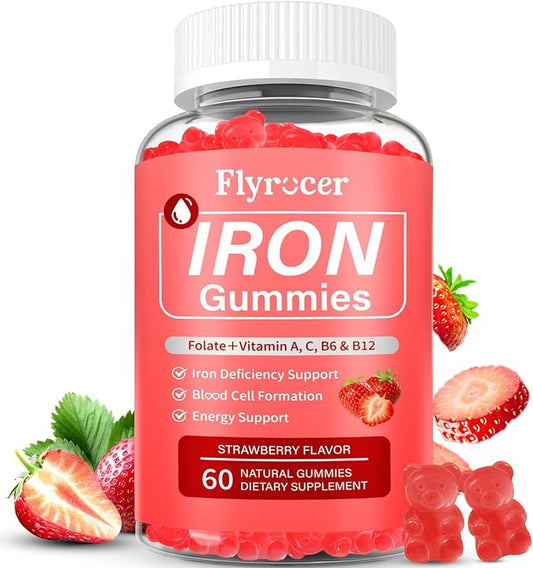 Iron Gummies for Men and Women, Energize, Combat Fatigue, Support Anemia Recovery. Packed with Iron, Folate, Vitamin C, in Vegan Strawberry Flavor, 60 Gummies