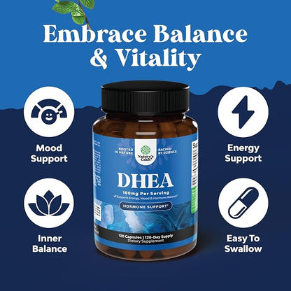DHEA 100mg for Men and Women - Vegan High Strength DHEA Supplement for Women & Men Enhanced Energy and Hormone Balance & - Womens Hormone Balance Supplement (4 Month Supply)