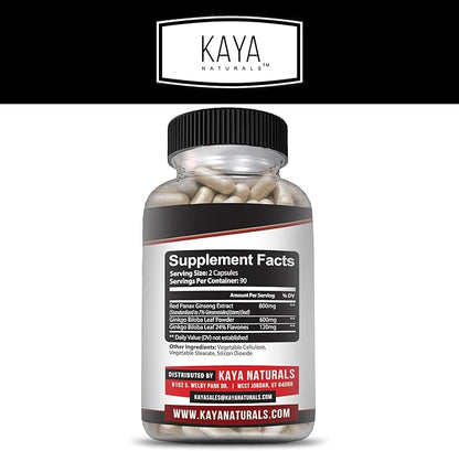 Kaya Naturals Red Panax Ginseng + Ginkgo Biloba - Nootropic Brain Supplement - Cognitive and Concentration Support - Brain Booster, Focus, and Memory Supplement - 180 Capsules
