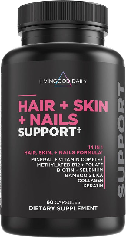 Livingood Daily Hair, Skin, & Nails Vitamins for Women & Men - 14-in-1 Nail & Hair Supplement Support Healthy, Soft, & Smooth Skin - Non-GMO & Gluten-Free Pills for Overall Hair, Skin & Nails Health