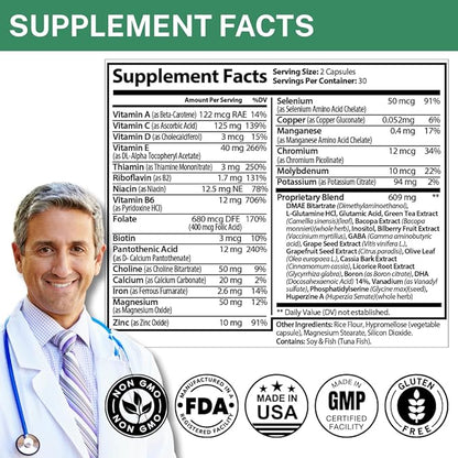 Nootropic Brain Supplements for Memory & Focus with GABA, Green Tea Extract, Bacopa monnieri, DMAE, Phosphatidylserine | Supports Mental Clarity & Cognitive Function | Vitamin B6 - 60 Capsules