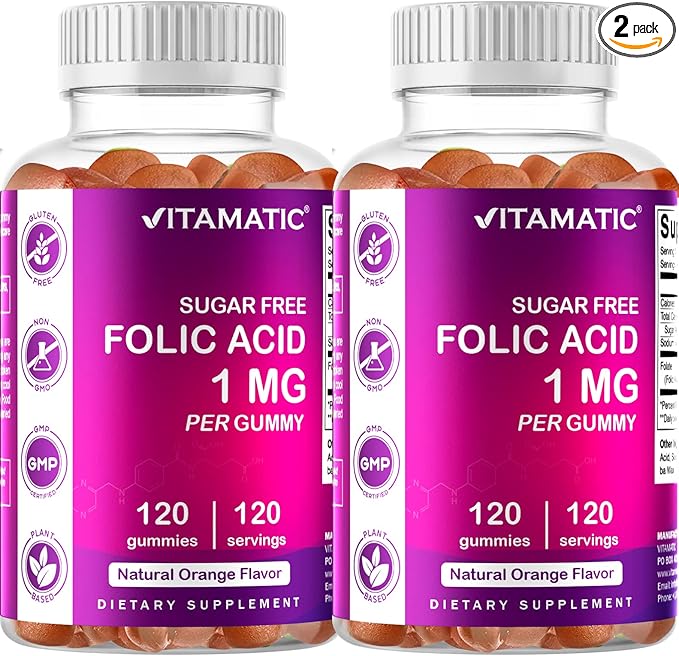 Vitamatic Folic Acid Gummies 1000 mcg (1 mg) – Essential Prenatal Vitamin B9 for Mom & Baby – 120 Vegan Gummies per Bottle – 2 Pack
