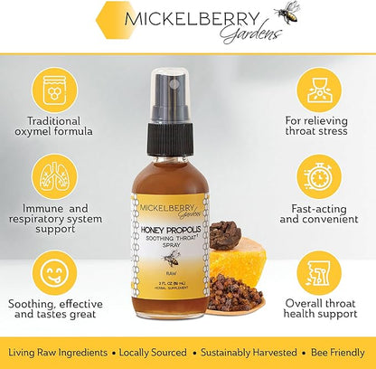 Mickelberry Gardens Honey Propolis Throat Spray - Soothing Sore Throat Relief & Propolis Immune Support for Adults & Kids - Herbal & Honey Formula (2 oz, 2 Pack)