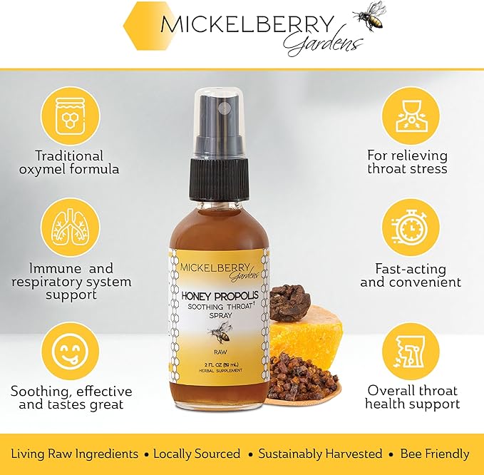 Mickelberry Gardens Honey Propolis Throat Spray - Soothing Sore Throat Relief & Propolis Immune Support - Herbal & Honey Formula (2 oz)