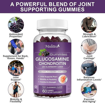 Glucosamine Chondroitin Gummies - Extra Strength Joint Support Supplement with MSM & Elderberry for Natural Joint, Antioxidant Immune Support for Adults, Men & Women-(2 Pack)
