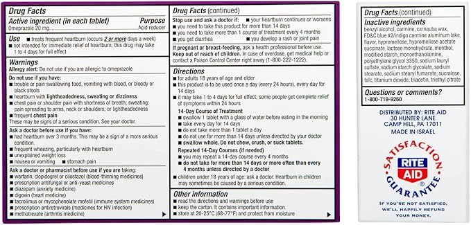 Rite Aid Acid Reducer Omeprazole Delayed Release Tablets - 20 mg, 3 Bottles, 14 Count Each (42 Count Total), Wildberry Mint Flavor, Heartburn Relief, Heartburn Medicine, Treats Frequent Heartburn