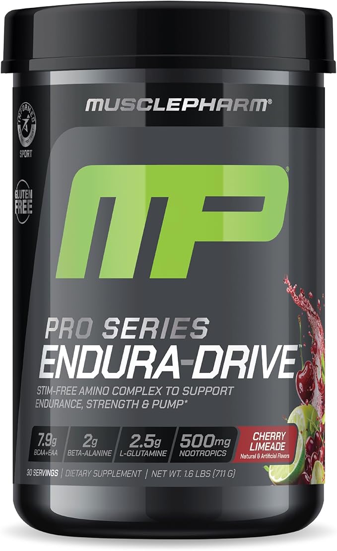 Muscle Pharm Pro Series Endura-Drive Pro-Grade Amino Acids Complex with Nootropics | Stim Free Intra Workout & Pre Workout Powder for Endurance & Recovery | Cherry Limeade, 1.6 lbs. 30 Servings