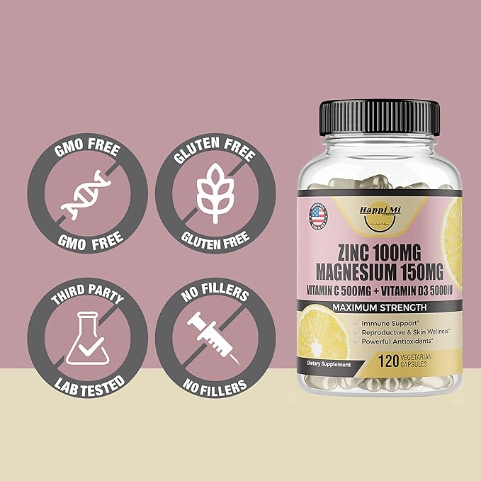 Zinc, Zinc 100mg, Magnesium Glycinate 150mg, Vitamin D3 5000 IU, Vitamin C 500mg Per Serving, Immune Support, Immune Booster, Zinc Magnesium, Elemental Zinc, Antioxidant Support