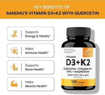 Sandhu's Vitamin D3 K2 Magnesium with Quercetin Capsules for Men & Women | Supports Immunity, Bone Health and Quality Sleep | 240 Count