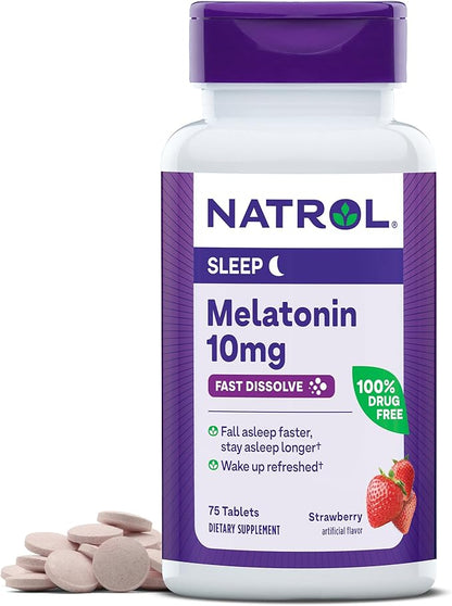Natrol Fast Dissolve Melatonin 10 mg, Melatonin Supplements for Restful Sleep, Sleep Support for Adults, 75 Strawberry-Flavored Tablets, Up to a 75 Day Supply
