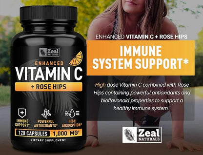 Vitamin C 1000mg with Rosehips (120 Capsules | 1000mg) Pure Vitamin C Capsules - Ascorbic Acid + Rose Hips for Powerful Immune System Support - High Dose Vitamin C for Adults Immune Support Vitamins