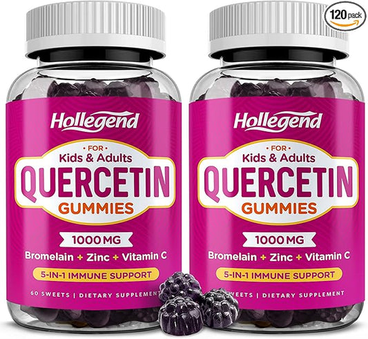 Quercetin Gummies for Kids and Adults, 1000mg Quercetin with Bromelain Vitamin C Zinc and Elderberry Supplement Organic, Chewable Gummies Vegan for Immunity Allergy Support, 120 Count