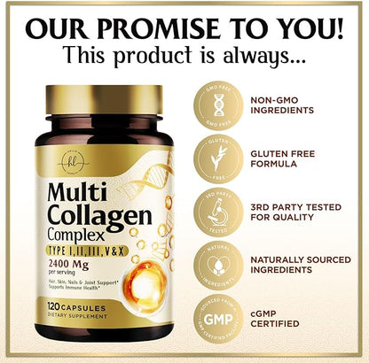 Collagen Peptides for Women – 2400mg Per Serving – Multi Collagen Capsules with Types I, II, III, V & X – Hydrolyzed Collagen Supplement Vital Hair, Skin, Nails, Joints & Bones Support – 120 Capsules