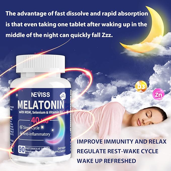 Melatonin 40 mg for Adults - Fast Dissolve & Chewable Sublingual Sleep Supplement - Extra Strength Melatonin with Vitamin D3 & MSM, Selenium for Health Rest Cycle, Deep Zzzs, Sugar-Free, 180 Servings