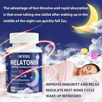 Melatonin 40 mg for Adults - Fast Dissolve & Chewable Sublingual Sleep Supplement - Extra Strength Melatonin with Vitamin D3 & MSM, Selenium for Health Rest Cycle, Deep Zzzs, Sugar-Free, 180 Servings
