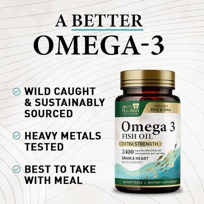 Omega 3 Fish Oil Triple Strength 1200 mg Softgels, Omega-3 Supplements, Natural Brain Heart Health & Immune Support - Fatty Acids with EPA & DHA - Wild Caught Fish Oil Supplement - 60 Softgels