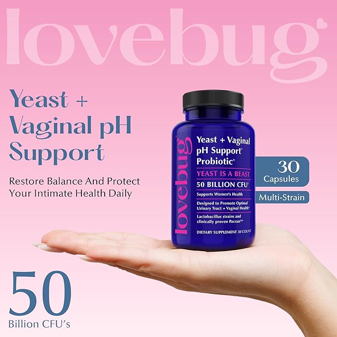 LOVEBUG Yeast + Vaginal pH Support | Clinically Studied Ingredients for Yeast & UTIs | Multi Strain 50 Billion CFU | 30 Capsules