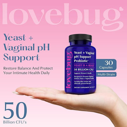 LOVEBUG Yeast + Vaginal pH Support | Clinically Studied Ingredients for Yeast & UTIs | Multi Strain 50 Billion CFU | 30 Capsules