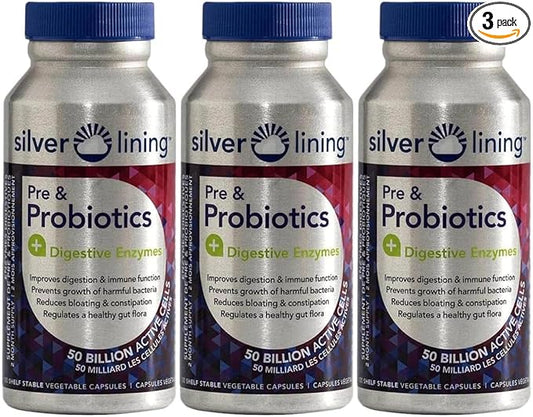 Silver Lining Pre & Probiotics + Digestive Enzymes | 50 Billion CFU/Active Cells | Digestive & Immune Function Support, Reduces Bloating | Shelf-Stable Formula | 360 Count (Pack of 3)