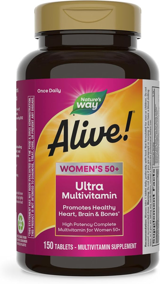 Nature’s Way Alive! Women’s 50+ Ultra Potency Complete Multivitamin, High Potency Formula, Promotes Healthy Heart, Brain, Bones*, with Methylated B12, Gluten-Free, 150 Tablets