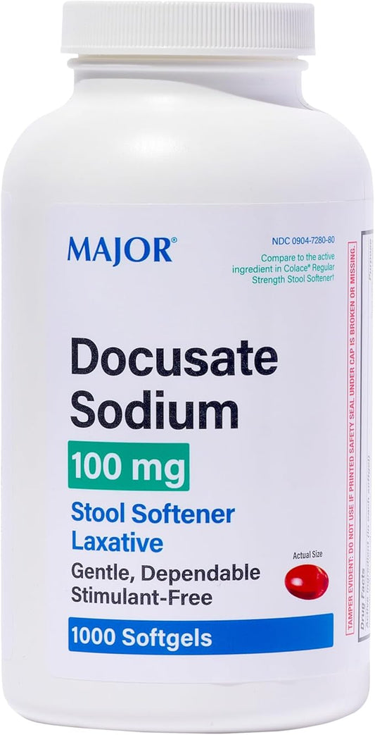 MAJOR Docusate Sodium 100 mg - Stool Softener Laxative Softgels for Occasional Constipation Relief - Stool Softeners for Women, Men, and Kids - Stimulant-Free - 1000 Softgels (1 Pack)