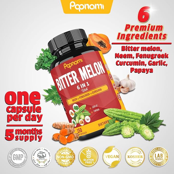 Organic Bitter Melon Extract Capsules - Combined Neem, Fenugreek, Curcumin, Garlic & Papaya - 150 Count for 5 Months - Supports Body, Digestive, Skin, Immune & Overall Wellness