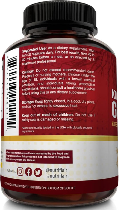 NutriFlair Korean Red Panax Ginseng 1600mg – 120 Vegan Capsules | 5% Ginsenosides | Non-GMO, Gluten-Free | Natural Energy & Focus Support | Made in USA