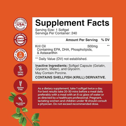 Antarctic Krill Oil 500mg Softgels - Omega 3 Krill Oil Supplement with EPA DHA & Astaxanthin for Brain Joint & Heart - 3rd Party Lab Tested No Gluten GMOs or Fishy Aftertaste - 2 Packs