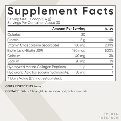Sports Research Collagen Beauty Complex with Hyaluronic Acid, Vitamin C + Biotin | Pescatarian, Keto Certified & Non-GMO Verified - Unflavored (30 Servings)